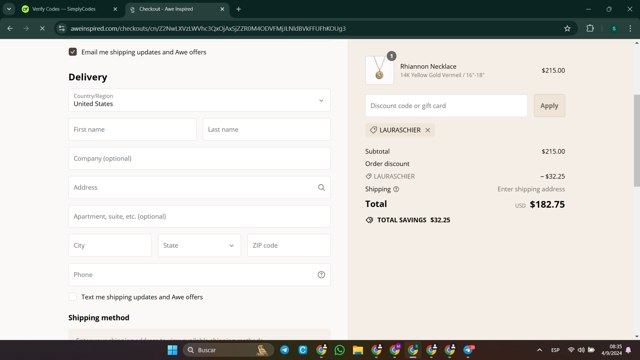 AWE Inspired checkout page showing AWE Inspired coupon code box | Screenshot taken by SimplyCodes community member on Sep 4, 2024