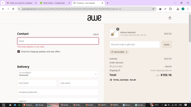 AWE Inspired checkout page showing AWE Inspired coupon code box | Screenshot taken by SimplyCodes community member on Aug 26, 2024