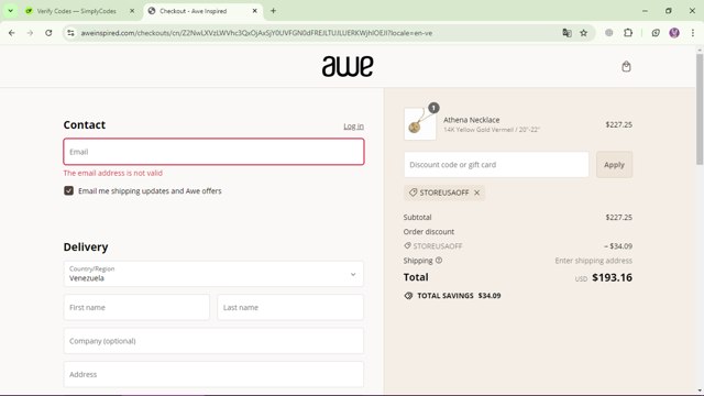 AWE Inspired checkout page showing AWE Inspired coupon code box | Screenshot taken by SimplyCodes community member on Aug 25, 2024
