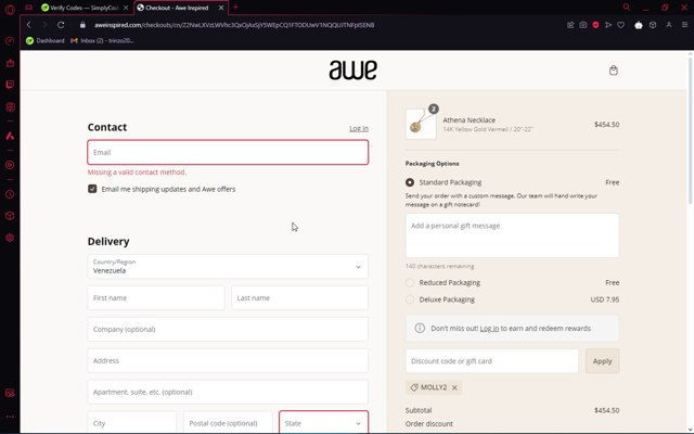 AWE Inspired checkout page showing AWE Inspired coupon code box | Screenshot taken by SimplyCodes community member on Aug 27, 2024