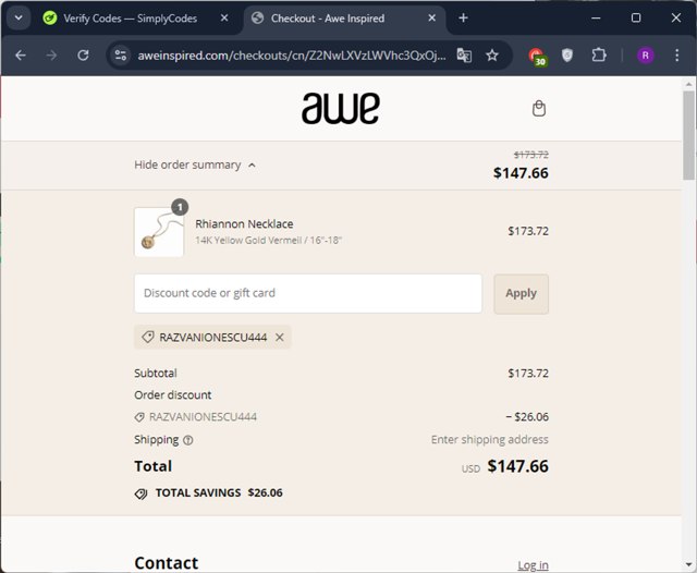 AWE Inspired checkout page showing AWE Inspired coupon code box | Screenshot taken by SimplyCodes community member on Sep 1, 2024