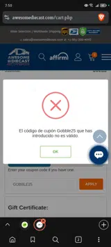 GOBBLE25 coupon verification screenshot