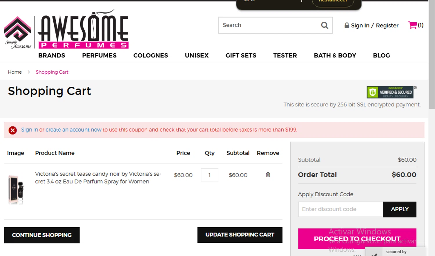 Awesome Perfumes checkout page showing Awesome Perfumes discount code box | Screenshot taken by SimplyCodes community member on Jan 14, 2025