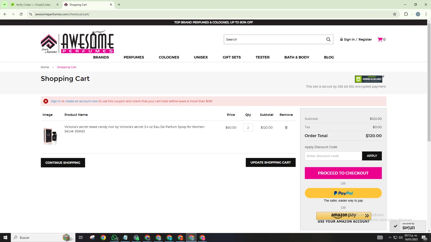 Awesome Perfumes checkout page showing Awesome Perfumes discount code box | Screenshot taken by SimplyCodes community member on Jan 14, 2025