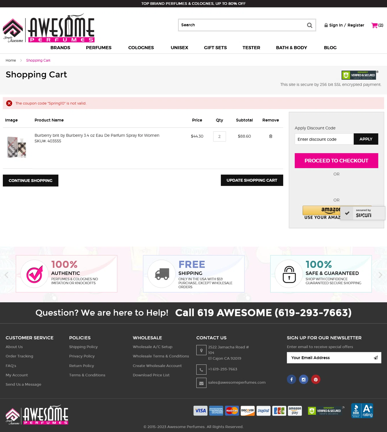 Awesome Perfumes discount code screenshot showing code Spring10 applied at Awesome Perfumes checkout page. Uploaded by SimplyCodes community member WladimirV on May 14, 2025