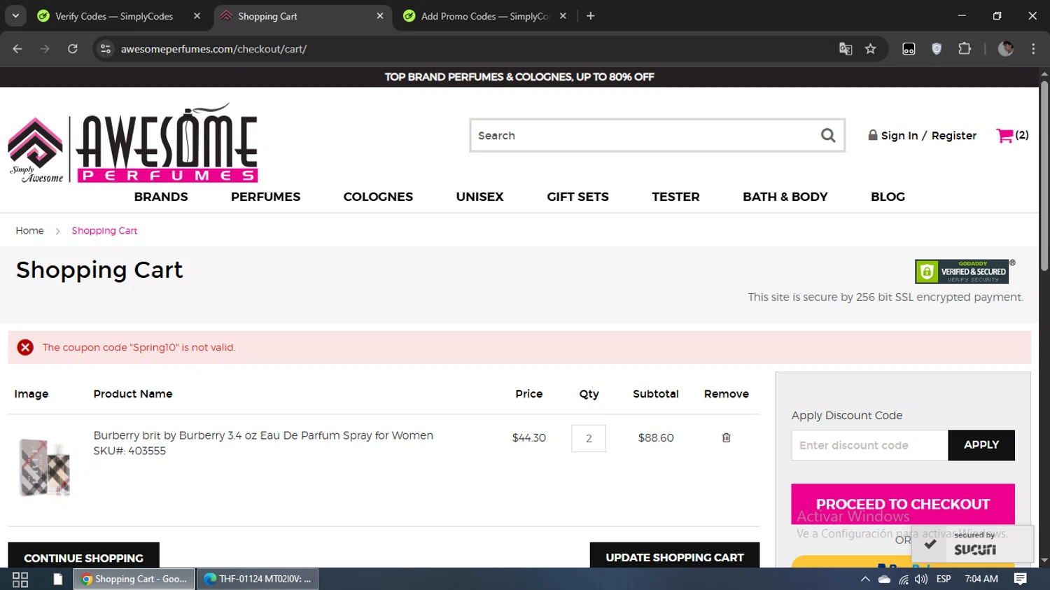 Awesome Perfumes discount code screenshot showing code Spring10 applied at Awesome Perfumes checkout page. Uploaded by SimplyCodes community member loooovallll on May 14, 2025