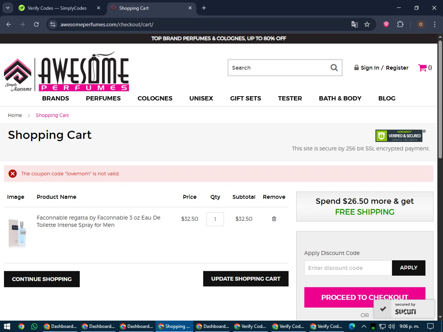 Awesome Perfumes discount code screenshot showing code lovemom applied at Awesome Perfumes checkout page. Uploaded by SimplyCodes community member LegendaryAdmiral8649 on Jun 3, 2025