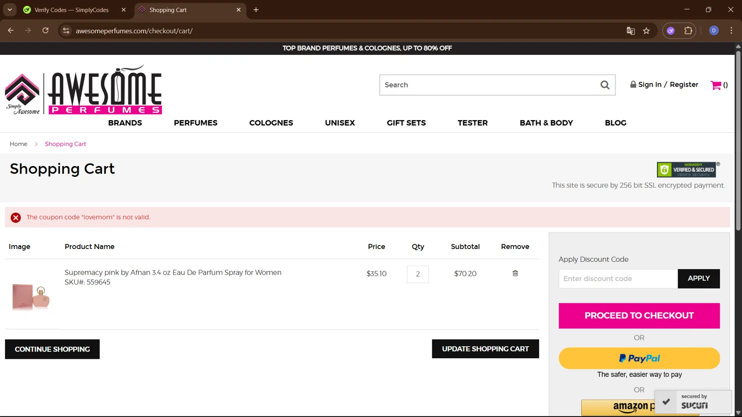 Awesome Perfumes discount code screenshot showing code lovemom applied at Awesome Perfumes checkout page. Uploaded by SimplyCodes community member PennyCurator6489 on May 25, 2025