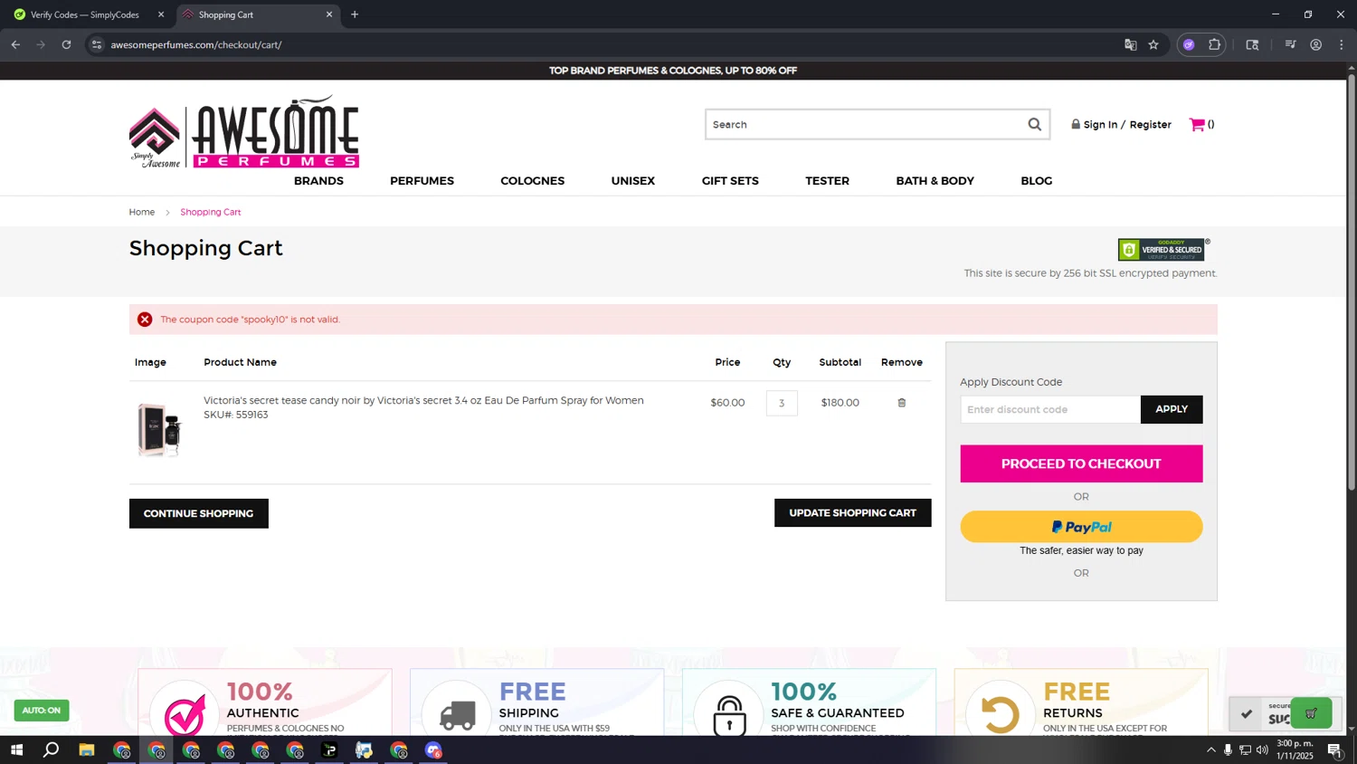 Awesome Perfumes discount code screenshot showing code spooky10 applied at Awesome Perfumes checkout page. Uploaded by SimplyCodes community member ooooooooooooooooooo on Nov 1, 2025