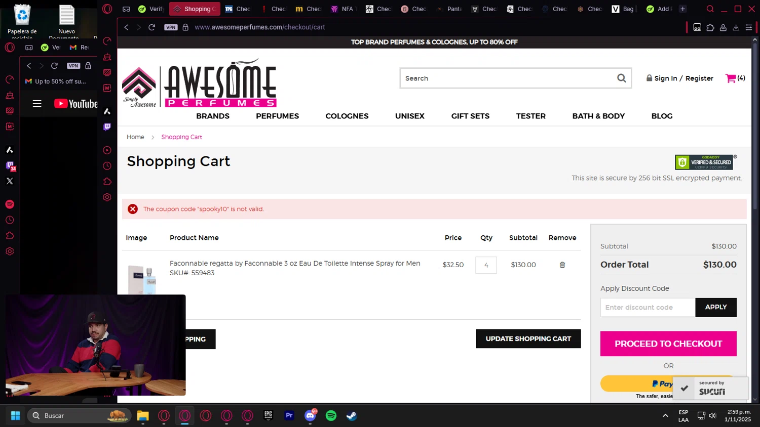 Awesome Perfumes discount code screenshot showing code spooky10 applied at Awesome Perfumes checkout page. Uploaded by SimplyCodes community member leonardocamacho2 on Nov 1, 2025