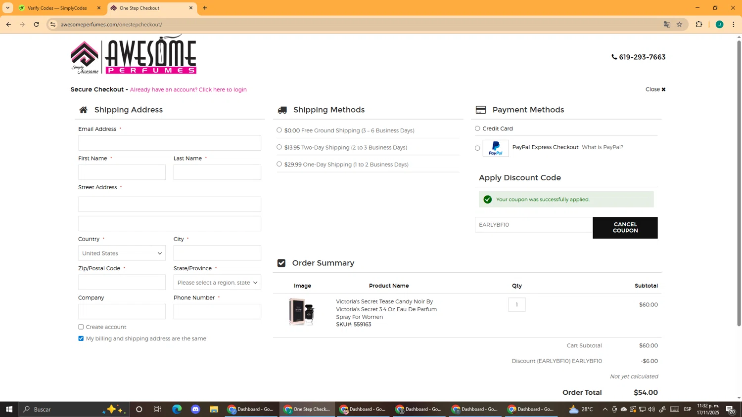 Awesome Perfumes discount code screenshot showing code EARLYBF10 applied at Awesome Perfumes checkout page. Uploaded by SimplyCodes community member DealScout5970 on Nov 18, 2025