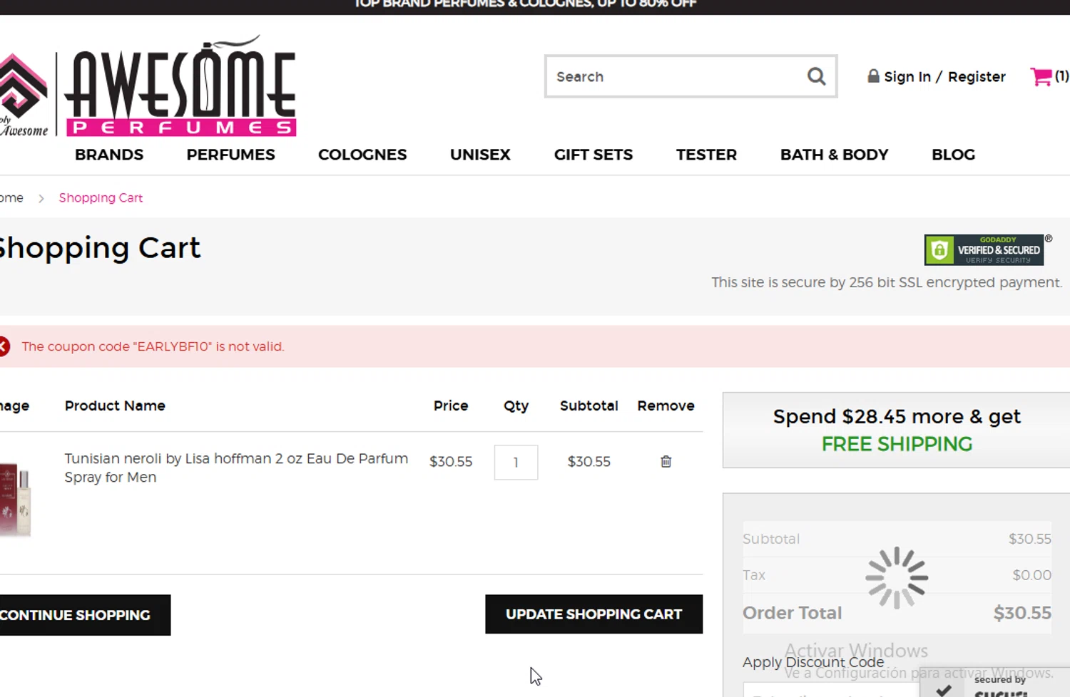 Awesome Perfumes discount code screenshot showing code EARLYBF10 applied at Awesome Perfumes checkout page. Uploaded by SimplyCodes community member ligthYA on Dec 5, 2025