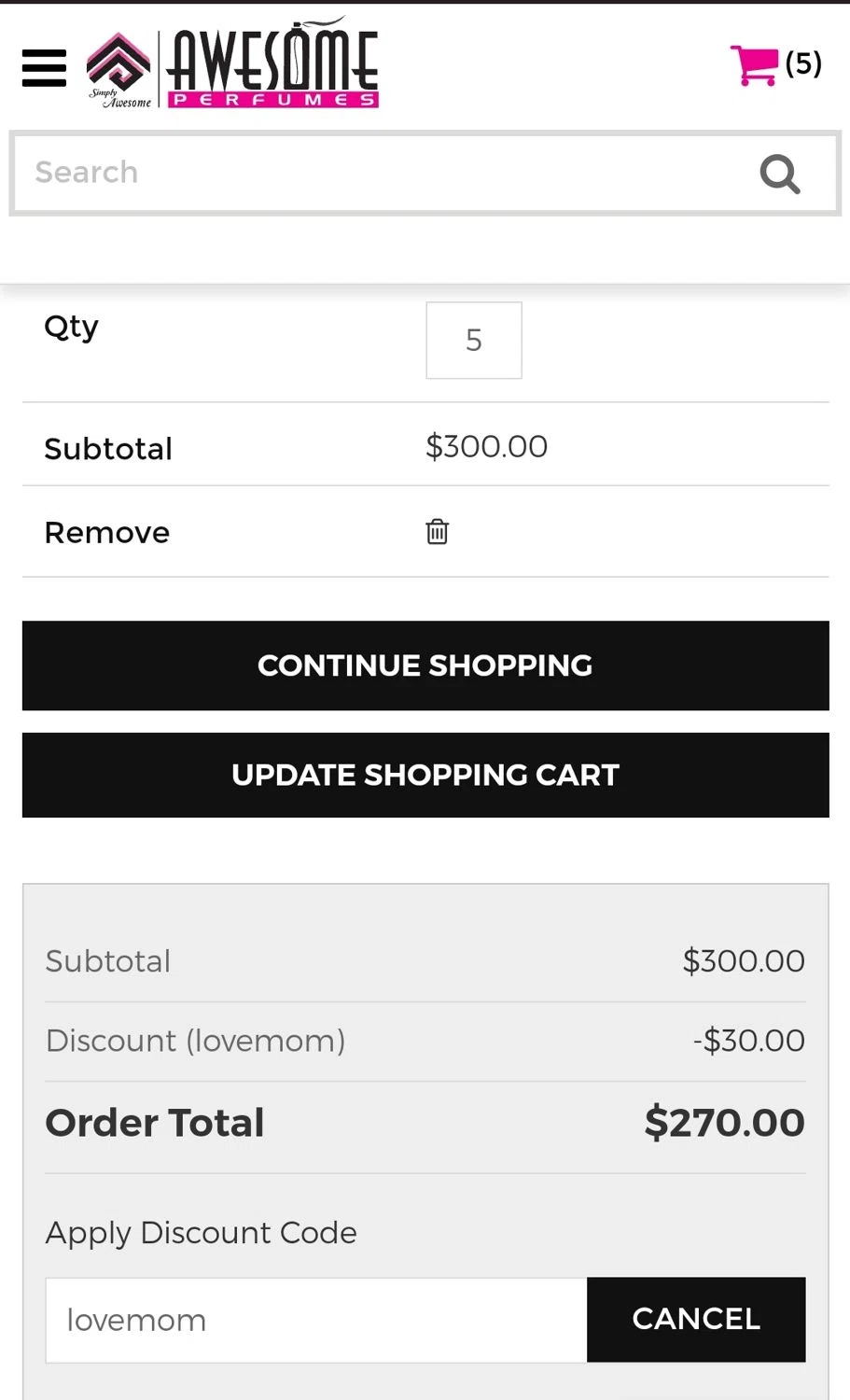 Awesome Perfumes discount code screenshot showing code lovemom applied at Awesome Perfumes checkout page. Uploaded by SimplyCodes community member ArgyArgy on May 2, 2025