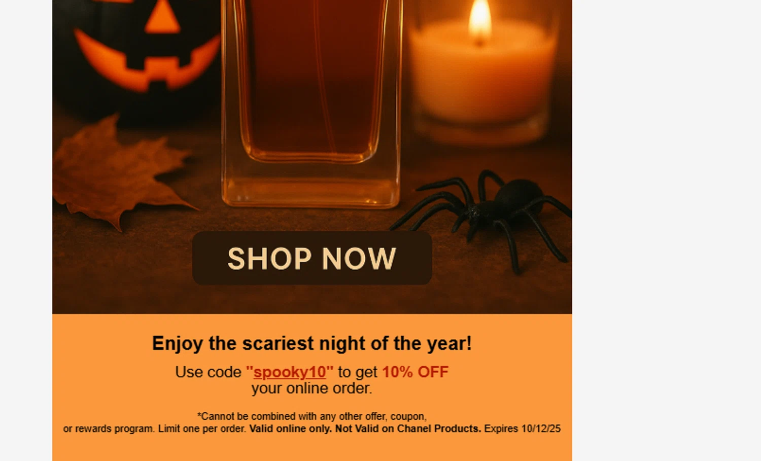 Awesome Perfumes discount code screenshot showing code spooky10 applied at Awesome Perfumes checkout page. Uploaded by SimplyCodes community member juanjose on Oct 3, 2025