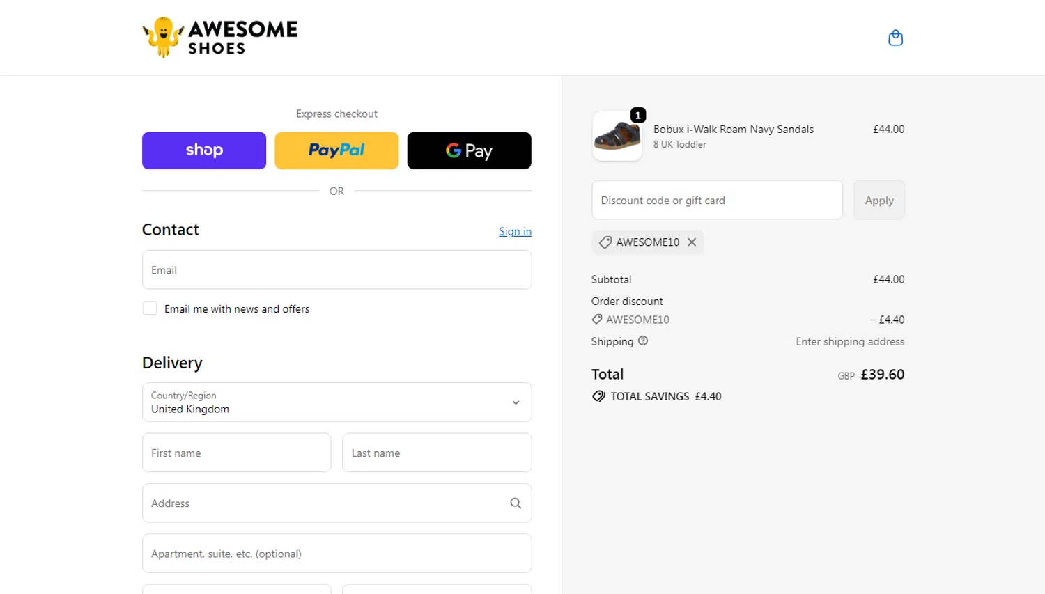Awesome Shoes promo code screenshot showing code AWESOME10 applied at Awesome Shoes checkout page. Uploaded by SimplyCodes community member oliveririarte on Oct 28, 2025