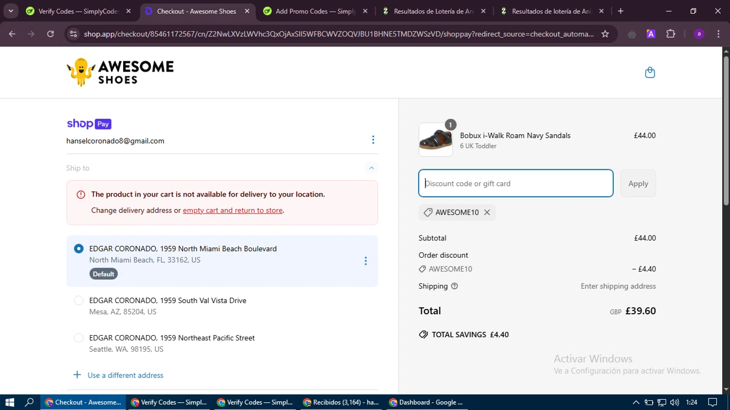 Awesome Shoes promo code screenshot showing code AWESOME10 applied at Awesome Shoes checkout page. Uploaded by SimplyCodes community member thethru on Apr 8, 2025