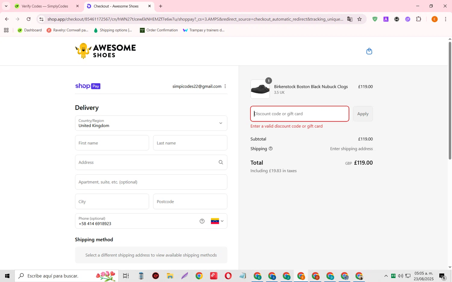 Awesome Shoes promo code screenshot showing code SCHOOL10 applied at Awesome Shoes checkout page. Uploaded by SimplyCodes community member RewardFalcon3197 on Aug 23, 2025