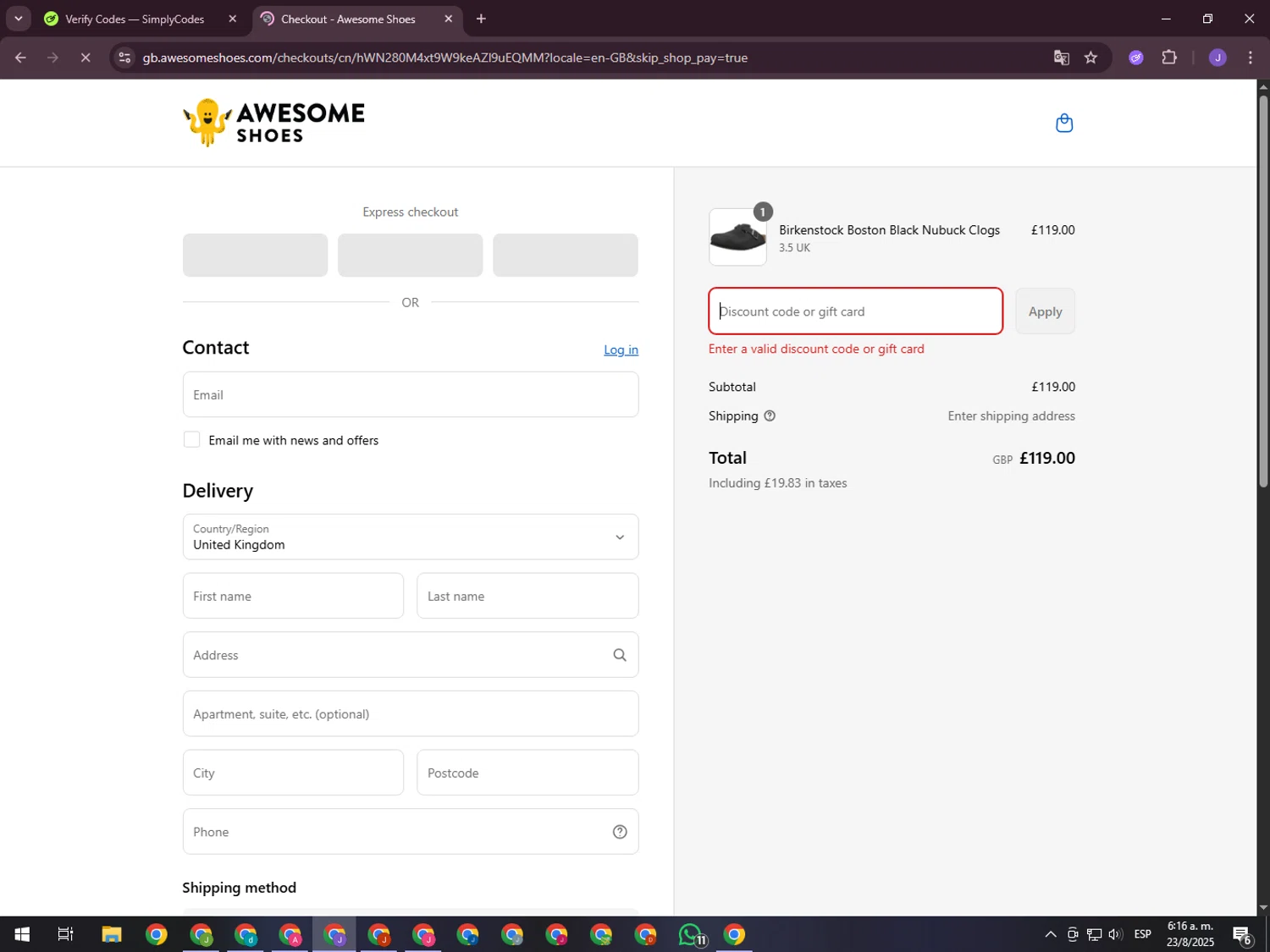 Awesome Shoes promo code screenshot showing code SCHOOL10 applied at Awesome Shoes checkout page. Uploaded by SimplyCodes community member ValueHero2277 on Aug 23, 2025