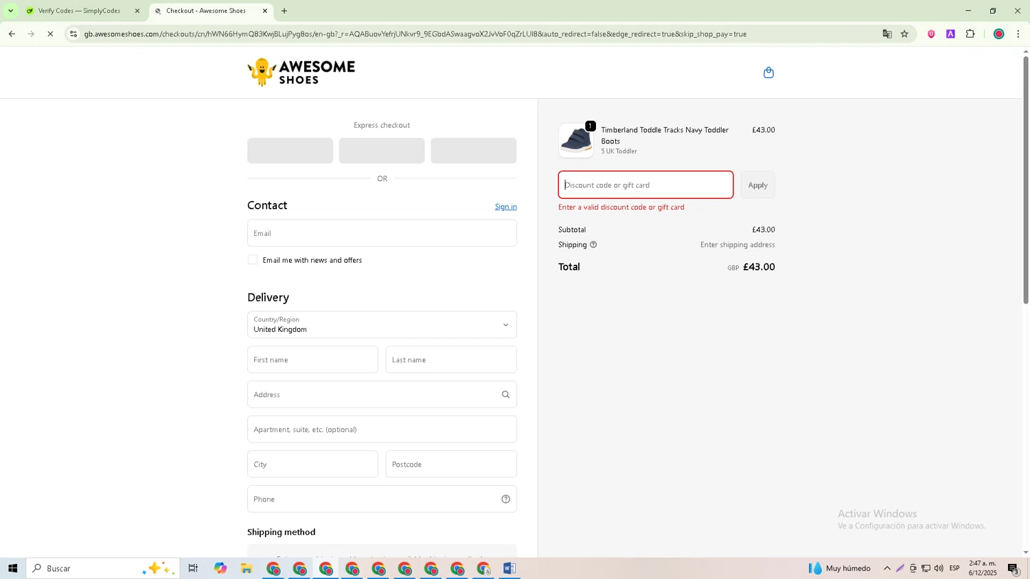 Awesome Shoes promo code screenshot showing code EARLYBF25 applied at Awesome Shoes checkout page. Uploaded by SimplyCodes community member William_Jones on Dec 6, 2025