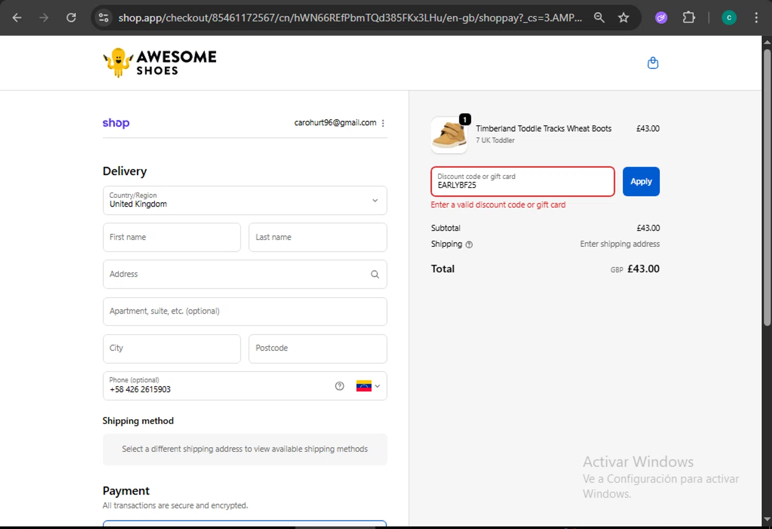 Awesome Shoes promo code screenshot showing code EARLYBF25 applied at Awesome Shoes checkout page. Uploaded by SimplyCodes community member WiseMonarch3906 on Dec 6, 2025