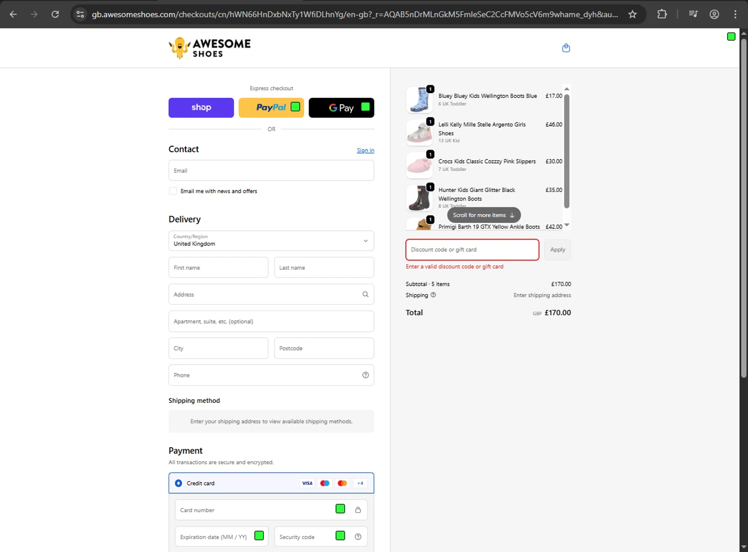 Awesome Shoes promo code screenshot showing code EARLYBF25 applied at Awesome Shoes checkout page. Uploaded by SimplyCodes community member webiwabo on Dec 6, 2025