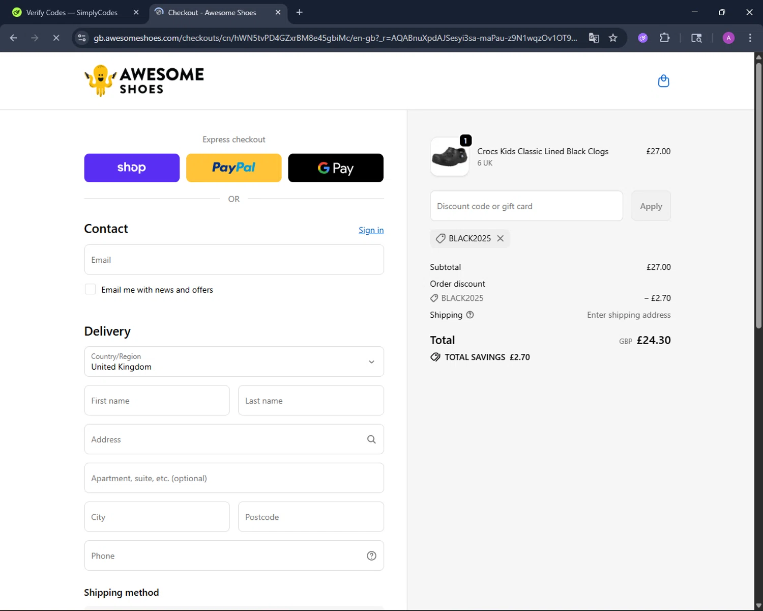 Awesome Shoes promo code screenshot showing code BLACK2025 applied at Awesome Shoes checkout page. Uploaded by SimplyCodes community member AV2ACG on Nov 30, 2025