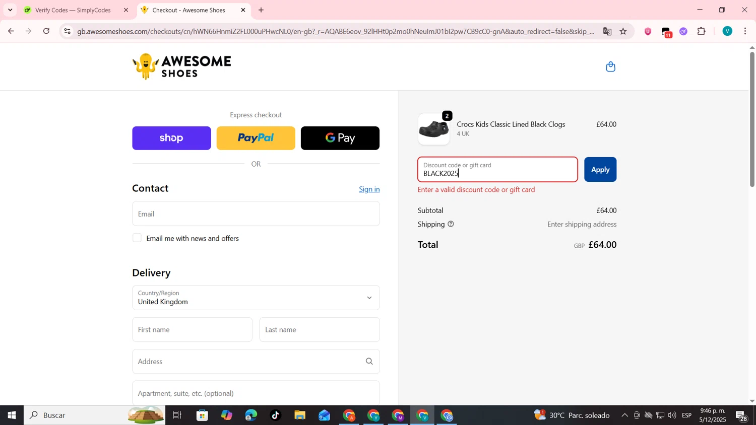 Awesome Shoes promo code screenshot showing code BLACK2025 applied at Awesome Shoes checkout page. Uploaded by SimplyCodes community member lyffytaro on Dec 6, 2025