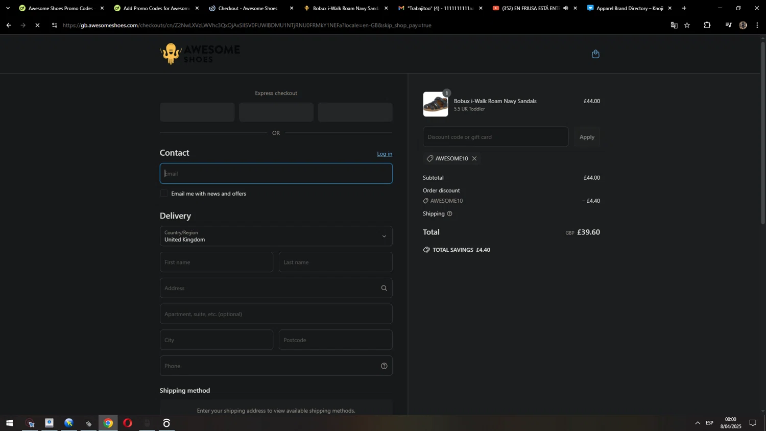Awesome Shoes promo code screenshot showing code AWESOME10 applied at Awesome Shoes checkout page. Uploaded by SimplyCodes community member MarcosAranguren on Apr 8, 2025