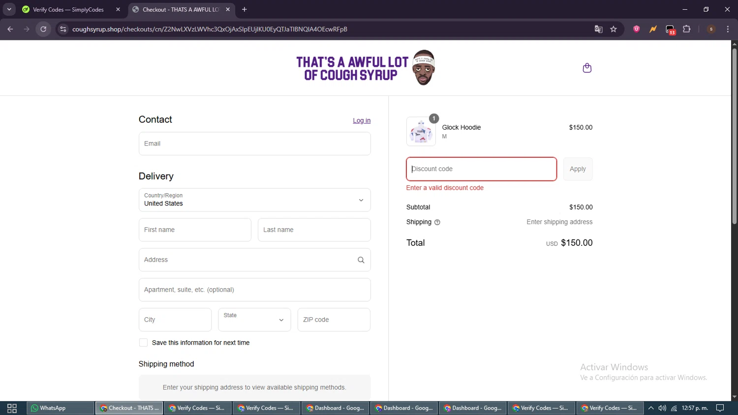 Thats A Awful Lot Of Cough Syrup promo code screenshot showing code COUGHSYRUP10 applied at Thats A Awful Lot Of Cough Syrup checkout page. Uploaded by SimplyCodes community member GoldSentinel1426 on Jul 5, 2025