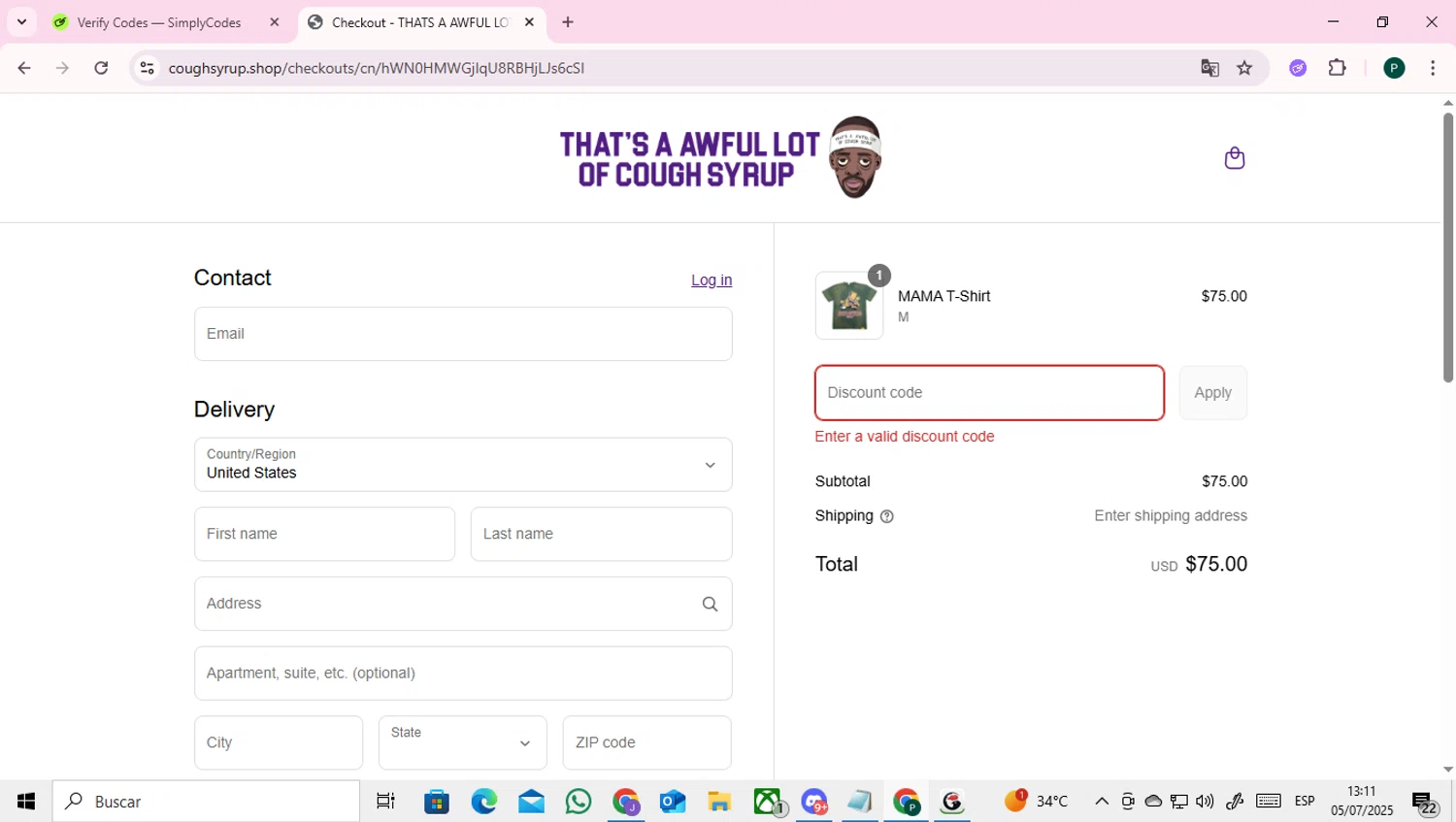 Thats A Awful Lot Of Cough Syrup promo code screenshot showing code COUGHSYRUP10 applied at Thats A Awful Lot Of Cough Syrup checkout page. Uploaded by SimplyCodes community member RoyalAdmiral4824 on Jul 5, 2025