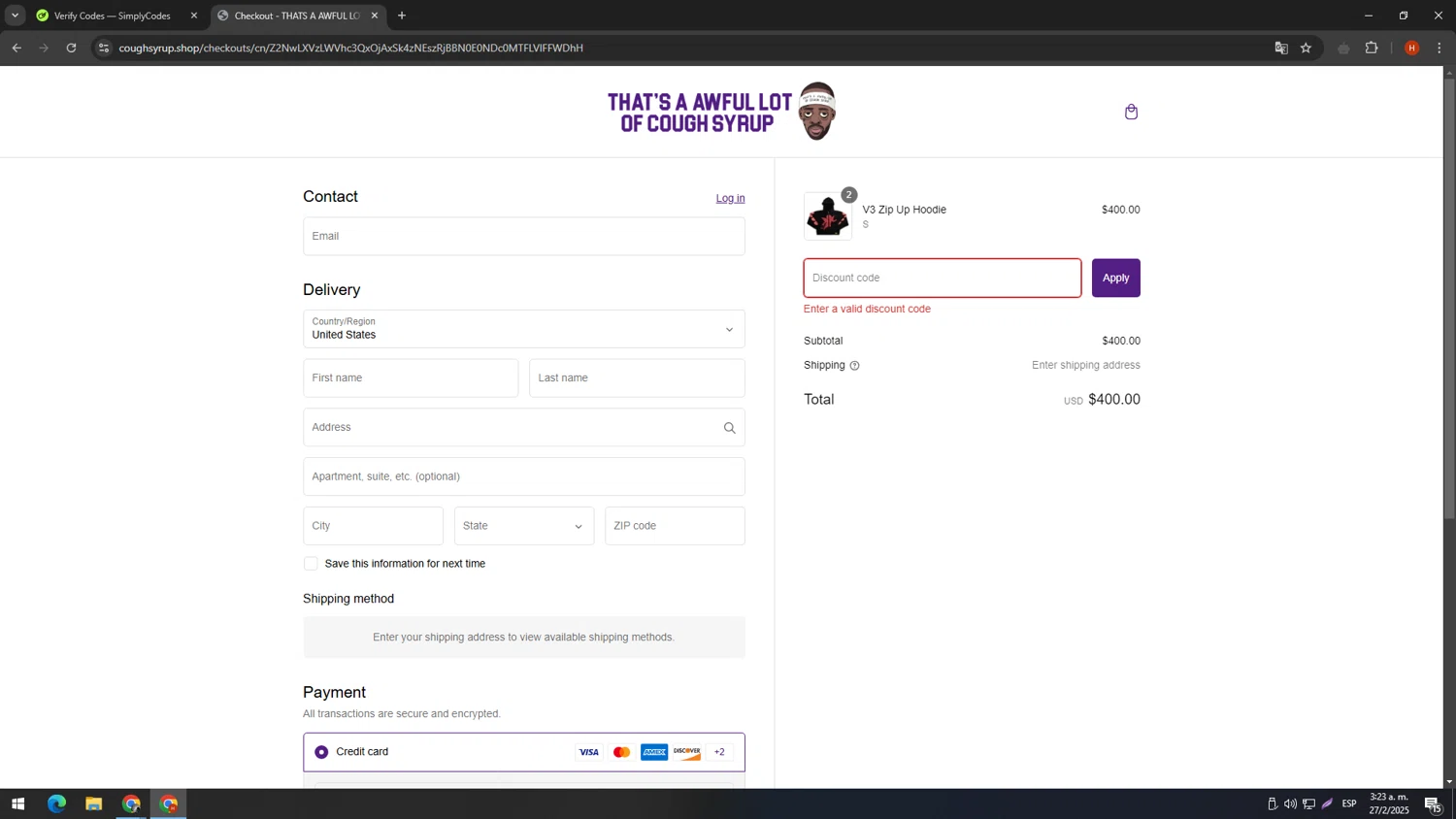 Thats A Awful Lot Of Cough Syrup promo code screenshot showing code 20MLK24 applied at Thats A Awful Lot Of Cough Syrup checkout page. Uploaded by SimplyCodes community member elconsentido on Feb 27, 2025