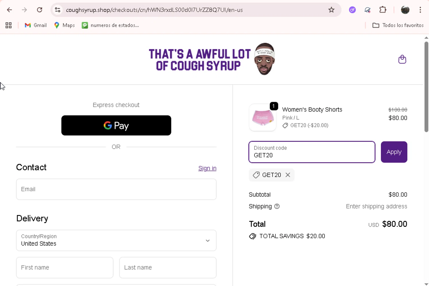 Thats A Awful Lot Of Cough Syrup promo code screenshot showing code GET20 applied at Thats A Awful Lot Of Cough Syrup checkout page. Uploaded by SimplyCodes community member adrianvasquez1 on Oct 8, 2025