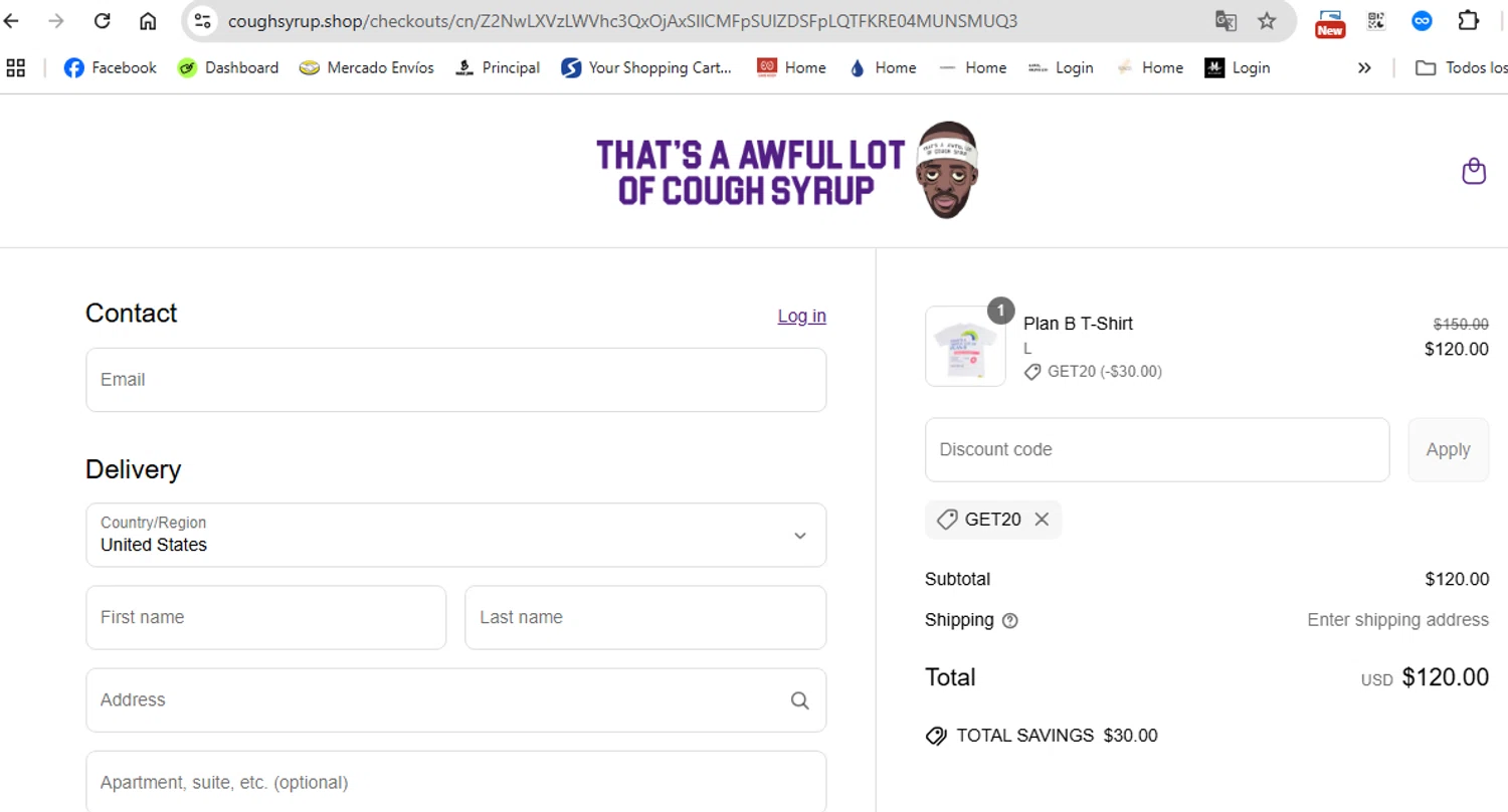 Thats A Awful Lot Of Cough Syrup promo code screenshot showing code GET20 applied at Thats A Awful Lot Of Cough Syrup checkout page. Uploaded by SimplyCodes community member anthonydiaz1 on Jun 22, 2025