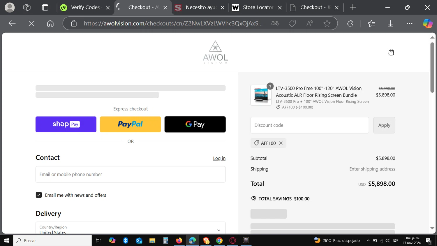 where to use AWOL Vision promo code box