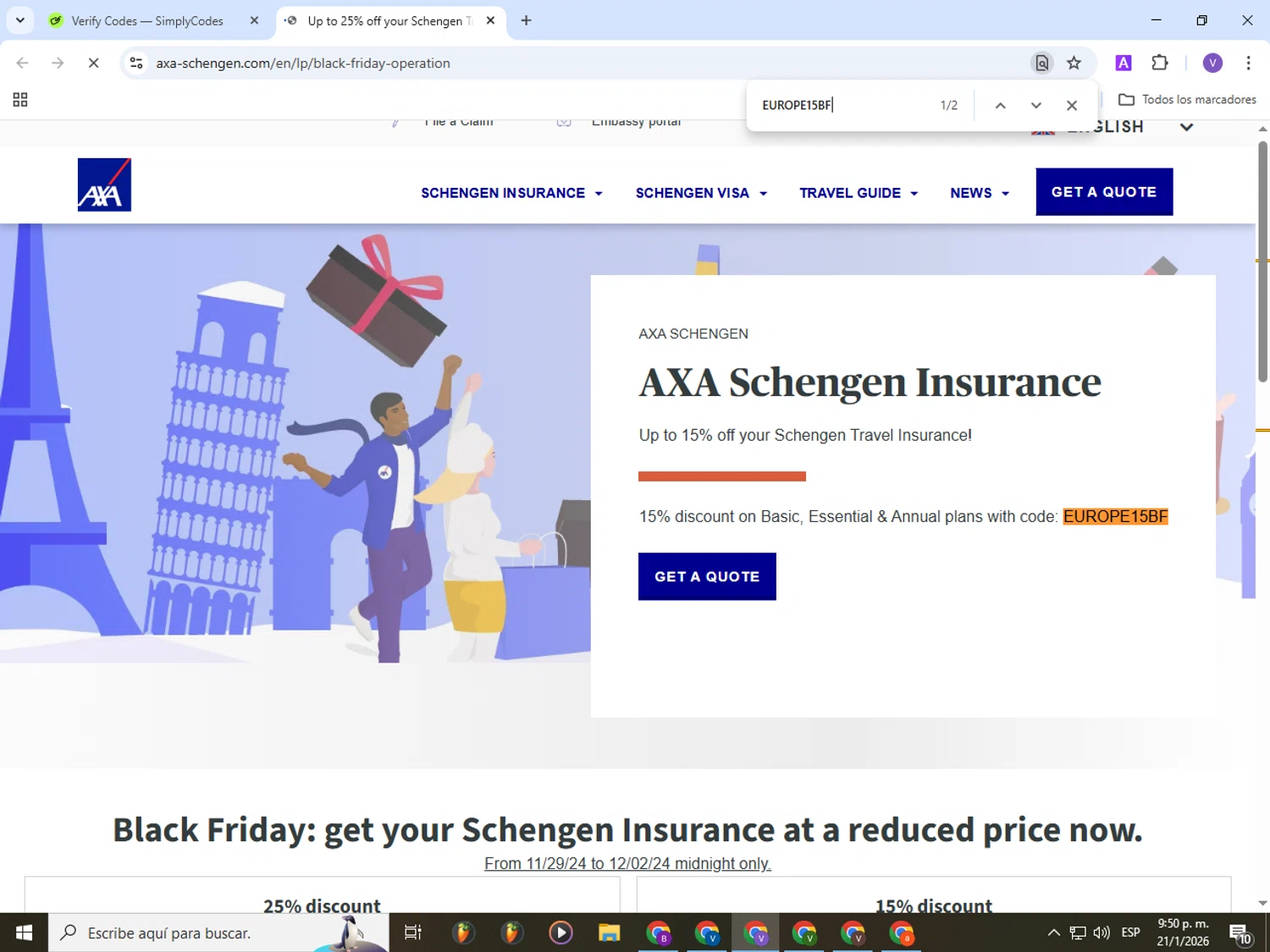 AXA Schengen promo code screenshot showing code EUROPE15BF applied at AXA Schengen checkout page. Uploaded by SimplyCodes community member Gianpiero on Jan 22, 2026