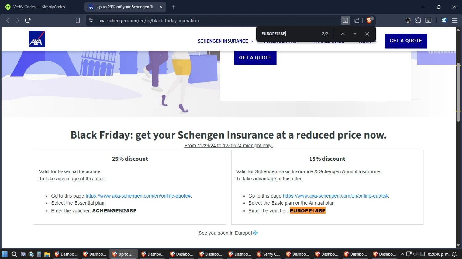 AXA Schengen promo code screenshot showing code EUROPE15BF applied at AXA Schengen checkout page. Uploaded by SimplyCodes community member Jgomez on Jan 21, 2026