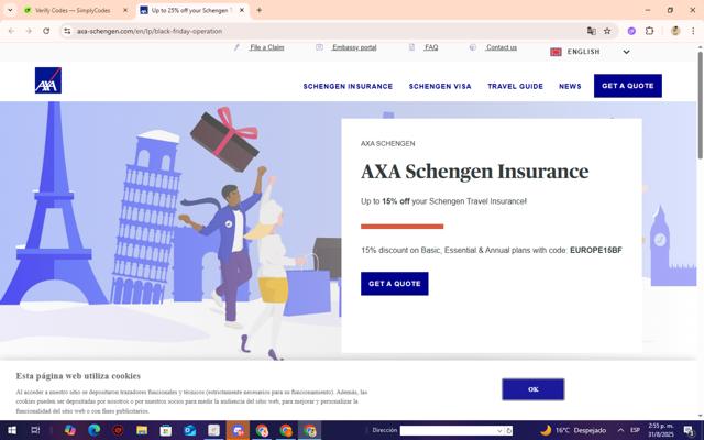AXA Schengen checkout page showing AXA Schengen promo code box | Screenshot taken by SimplyCodes community member on Aug 31, 2025