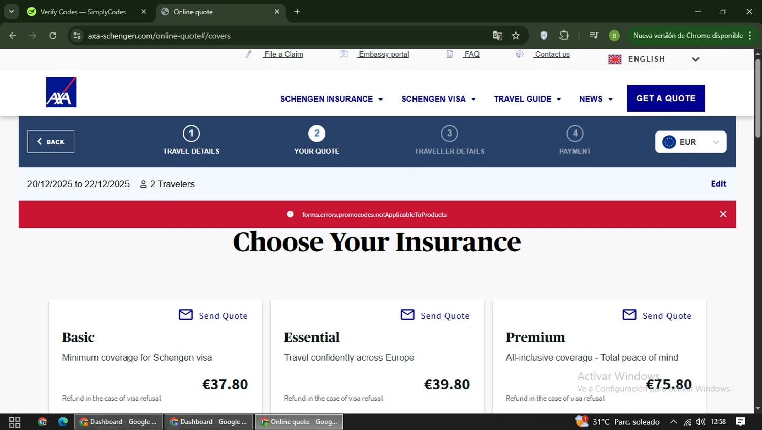 AXA Schengen promo code screenshot showing code EUROPE15BF applied at AXA Schengen checkout page. Uploaded by SimplyCodes community member RoyalAdmiral5066 on Dec 19, 2025