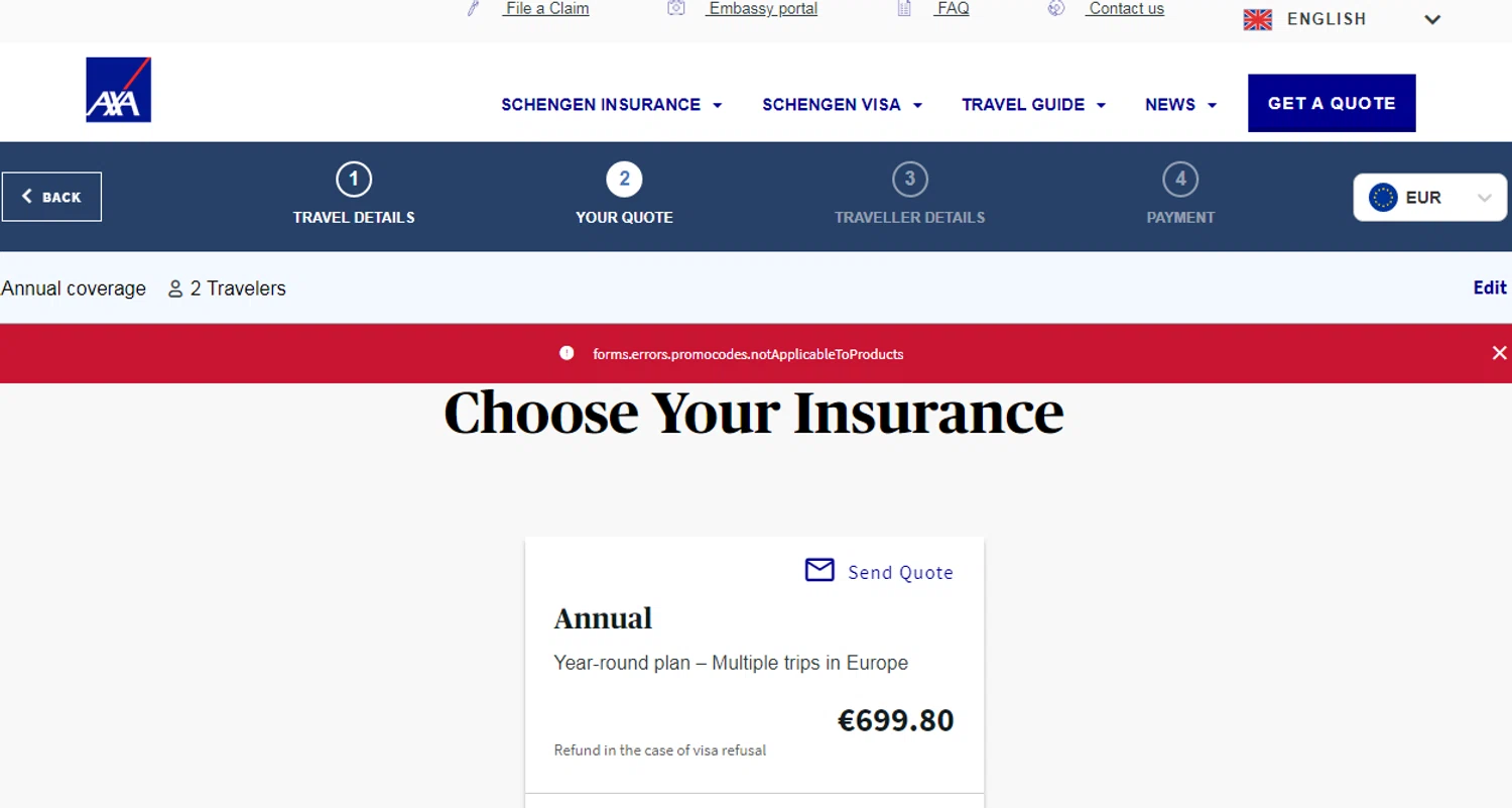 AXA Schengen promo code screenshot showing code EUROPE15BF applied at AXA Schengen checkout page. Uploaded by SimplyCodes community member SmartSaver7916 on Jan 21, 2026