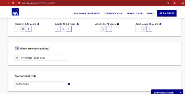 AXA Schengen checkout page showing AXA Schengen promo code box | Screenshot taken by SimplyCodes community member on Sep 5, 2025