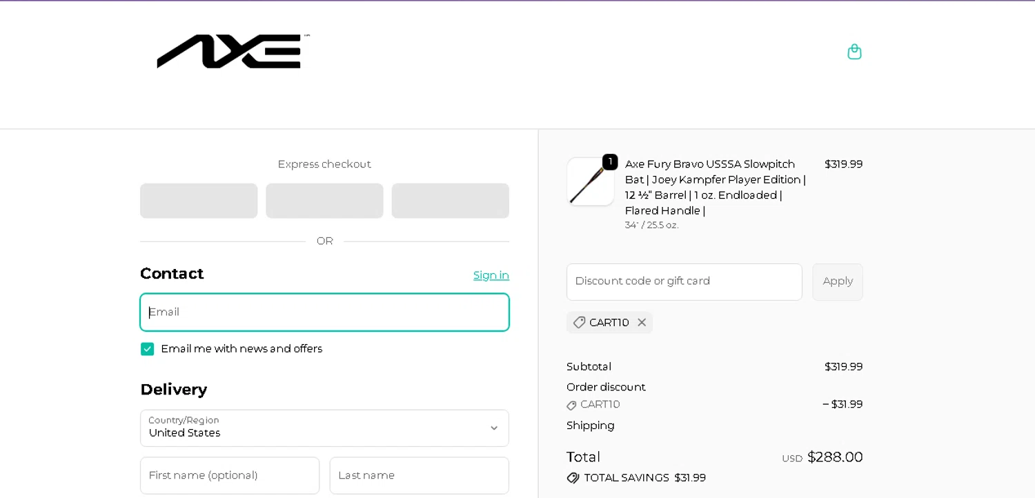 Axe Bat promo code screenshot showing code CART10 applied at Axe Bat checkout page. Uploaded by SimplyCodes community member beatrizcastillo on May 17, 2026