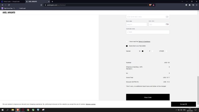 Axel Arigato checkout page showing Axel Arigato promo code box | Screenshot taken by SimplyCodes community member on Jul 28, 2022