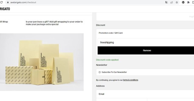 Axel Arigato checkout page showing Axel Arigato promo code box | Screenshot taken by SimplyCodes community member on Dec 20, 2022
