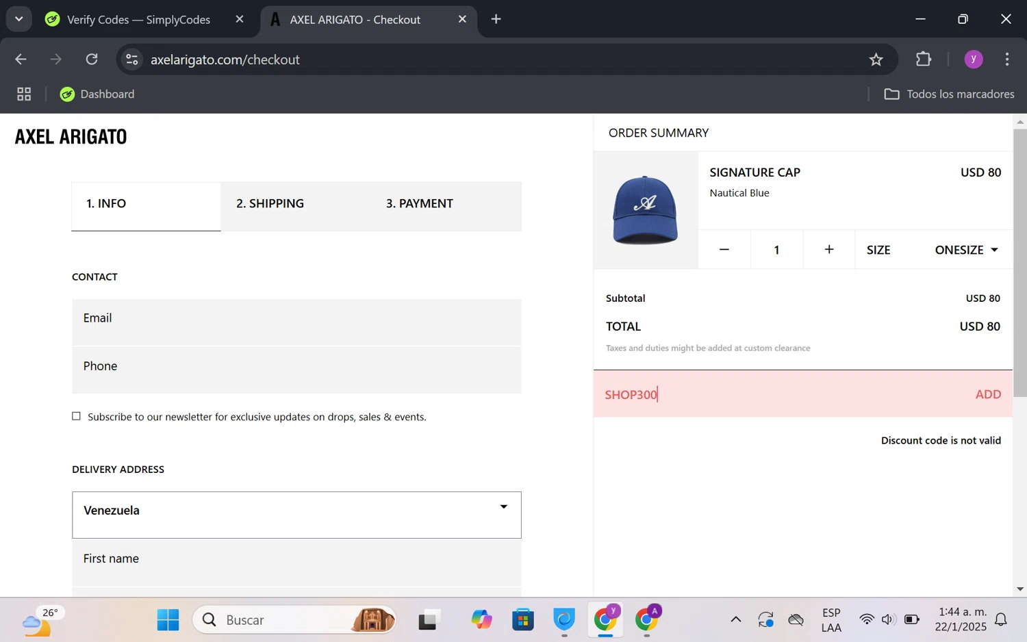 Axel Arigato promo code screenshot showing code SHOP300 applied at Axel Arigato checkout page. Uploaded by SimplyCodes community member FrugalKnight6753 on Jan 22, 2025
