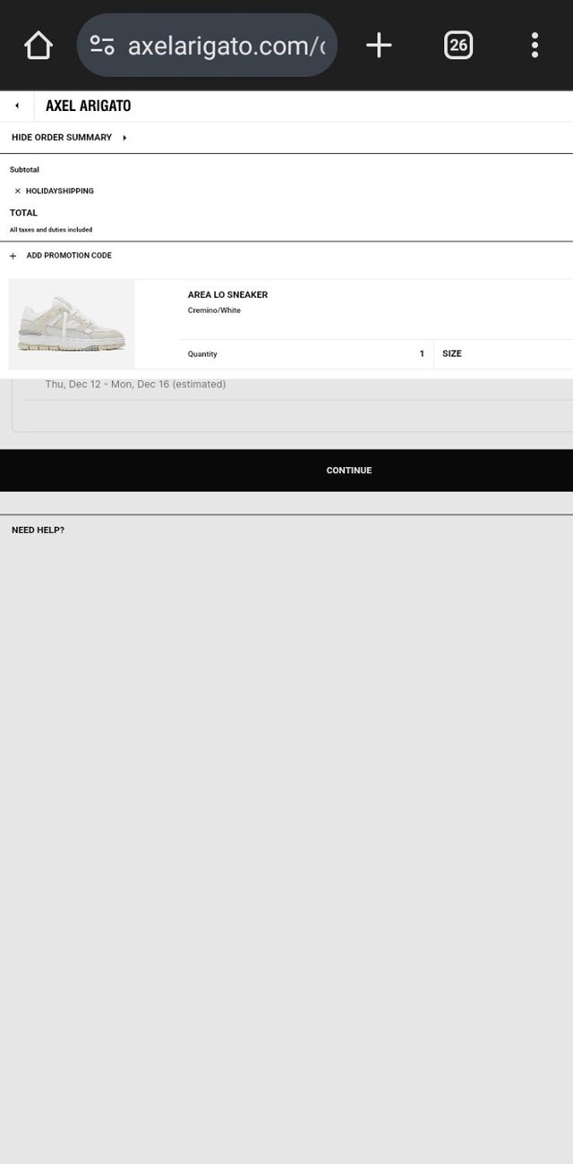Axel Arigato checkout page showing Axel Arigato promo code box | Screenshot taken by SimplyCodes community member on Dec 10, 2024