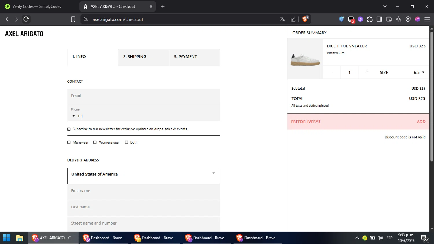 Axel Arigato promo code screenshot showing code FREEDELIVERY3 applied at Axel Arigato checkout page. Uploaded by SimplyCodes community member Cynoxx on Jun 11, 2025