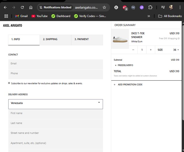 Axel Arigato checkout page showing Axel Arigato promo code box | Screenshot taken by SimplyCodes community member on May 2, 2025