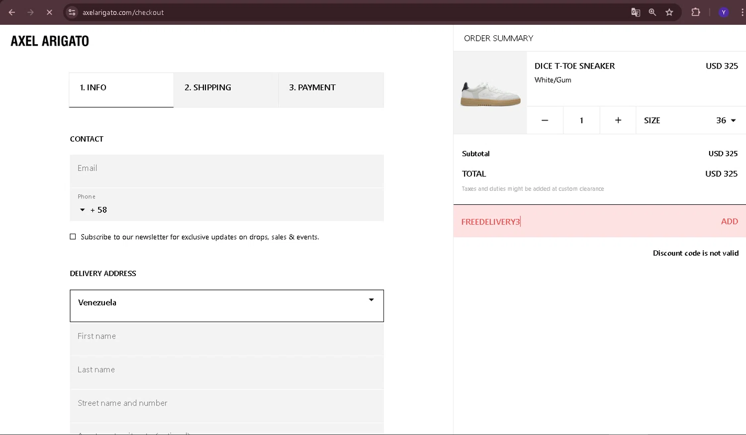 Axel Arigato promo code screenshot showing code FREEDELIVERY3 applied at Axel Arigato checkout page. Uploaded by SimplyCodes community member Yabriel007 on Jun 11, 2025
