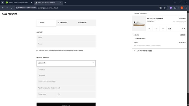 Axel Arigato checkout page showing Axel Arigato promo code box | Screenshot taken by SimplyCodes community member on May 14, 2025
