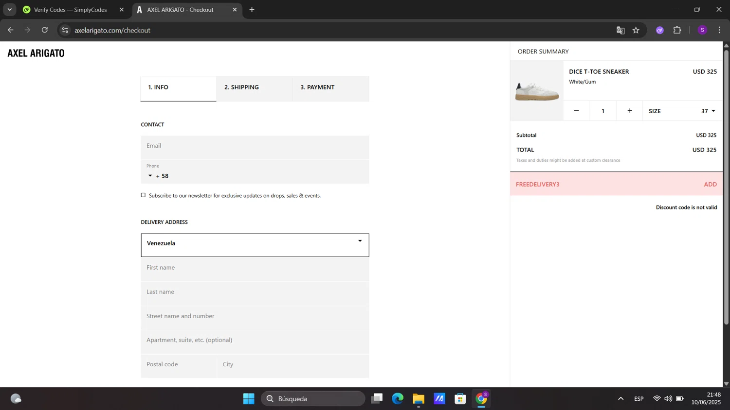 Axel Arigato promo code screenshot showing code FREEDELIVERY3 applied at Axel Arigato checkout page. Uploaded by SimplyCodes community member sorialbam on Jun 11, 2025